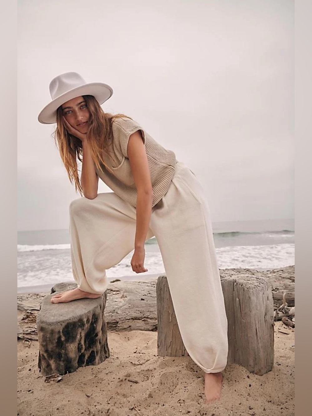 Free People Beach Freya Pants Ivory Knit Linen Blend Balloon Barrel Harem Large